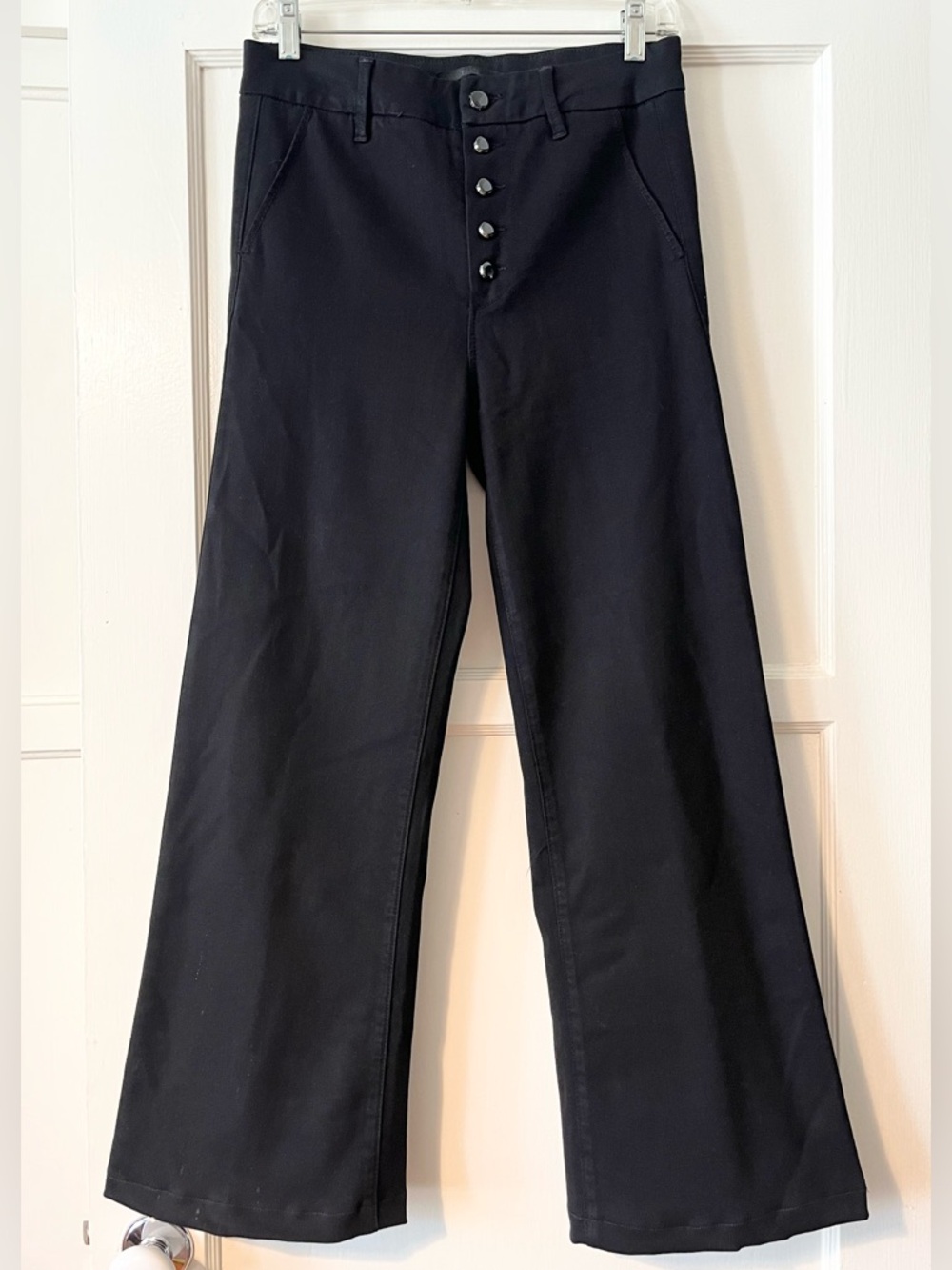 Paige Leenah with exposed button fly black pants trousers